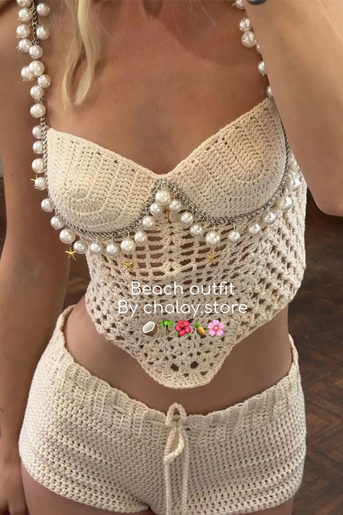 Karleedress Pearl Trim Hollow Out Knit Crop Cami Top