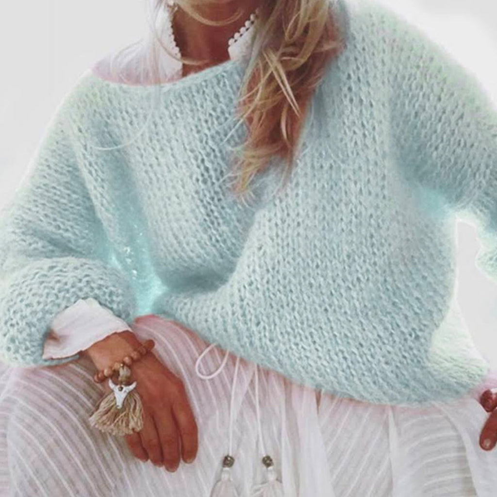 Karleedress Solid Boat Neck Fluffy Knitting Sweater