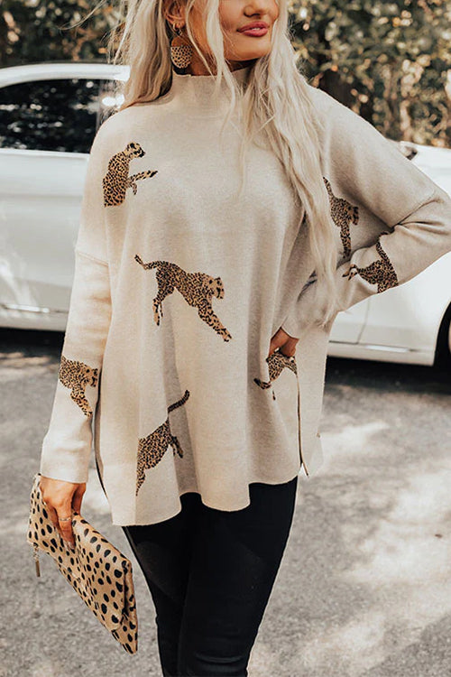 Karleedress High Neck Side Slit Cheetah Pattern Sweater