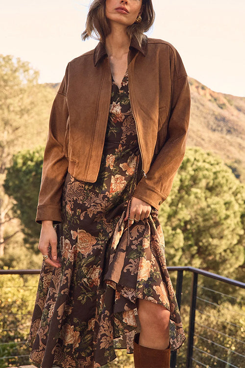 V Neck Puff Short Sleeves Floral Print Midi Dress