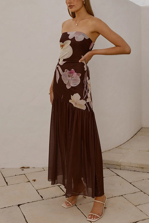 Strapless Tube Floral Print Flare Maxi Dress