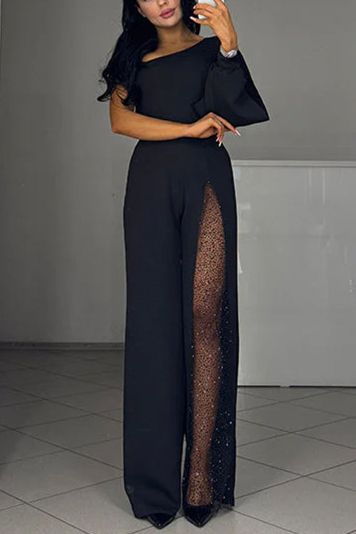 Karleedress Stylish One Shoulder Slit Long Sleeve Mesh Splice Wide Leg Jumpsuit