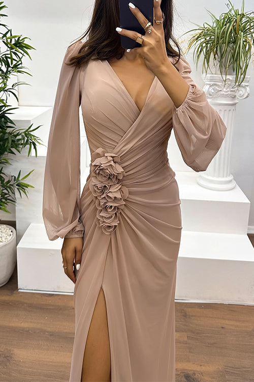 V Neck Long Sleeves Rose Detail Ruched Slit Maxi Dress