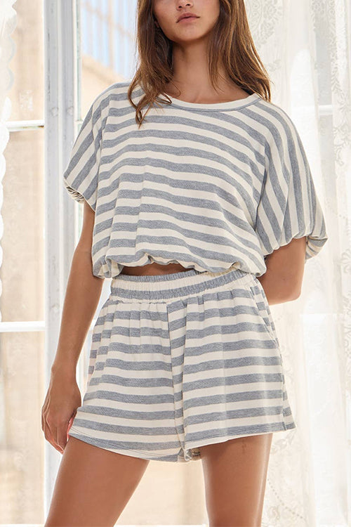 Karleedress Striped Short Sleeves Crop Top and Elastic Waist Pocketed Shorts Set