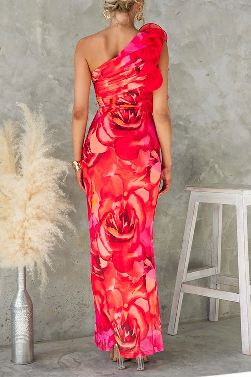 Karleedress Ruffle One Shoulder Floral Print Bodycon Maxi Dress