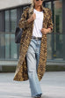 Karleedress Lapel Open Front Leopard Midi Trendy Coat