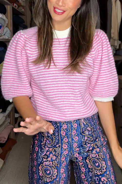 Crewneck Puff Half Sleeves Striped Pullover Sweater