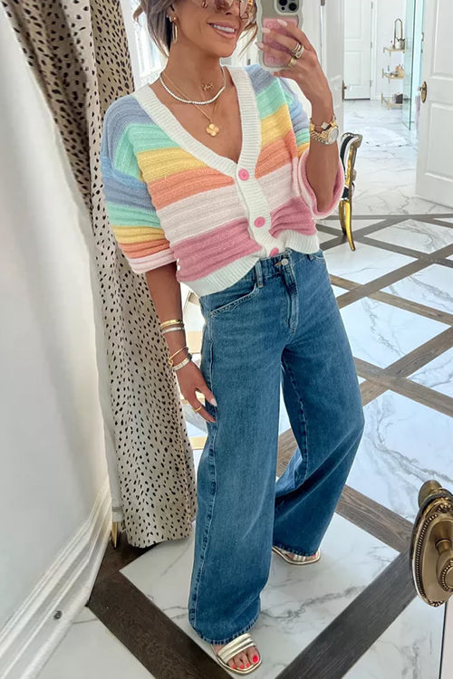 Karleedress V Neck Button Up Striped Ribbed Knit Sweater