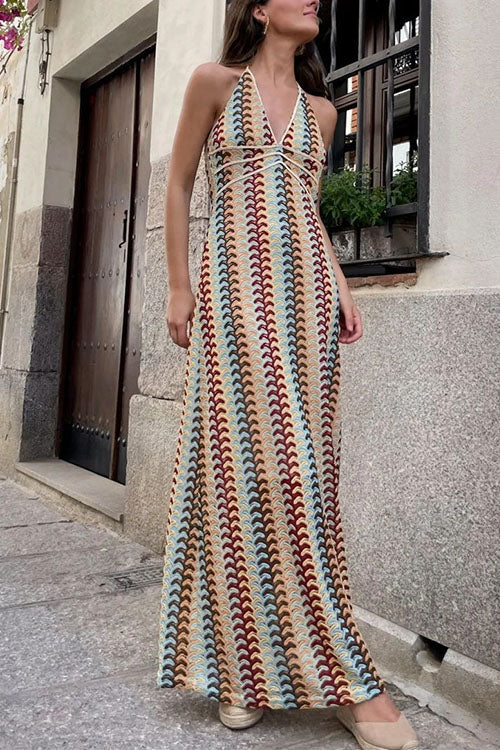 Karleedress Halter V Neck Backless Color Block Crochet Maxi Dress