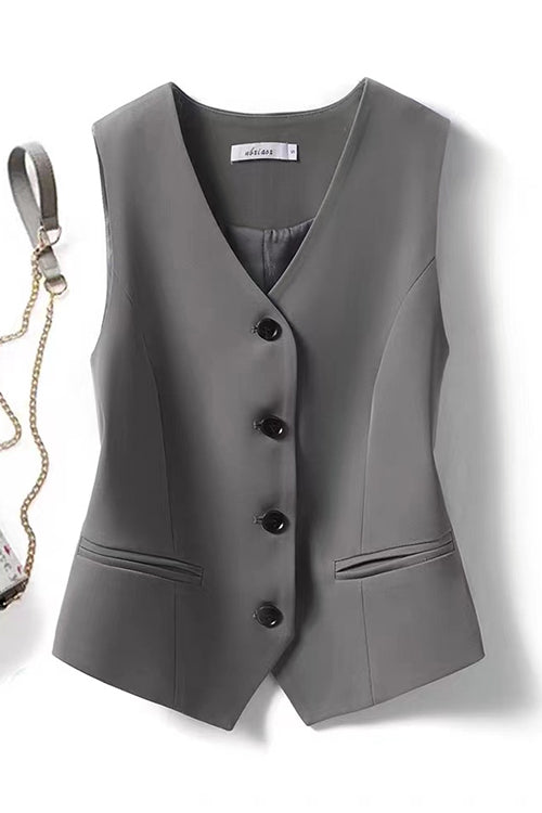 Karleedress V Neck Button Up Pocketed Blazer Vest