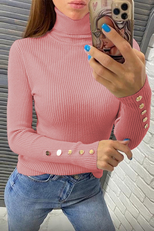 Karleedress Turtleneck Gold Buttons Ribbed Knit Top