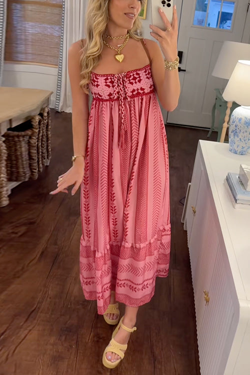 Karleedress Crochet Top Printed Flowy Ruffle Maxi Cami Dress