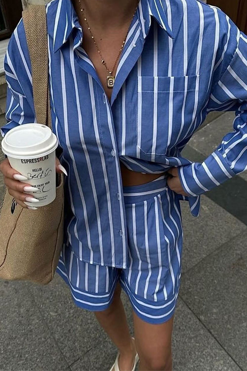 Karleedress Striped Long Sleeves Curve Hem Shirt and High Rise Shorts Set