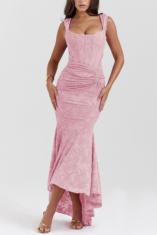 Karleedress Sleeveless Ruched Waist Ruffle Hem Jacquard Maxi Dress