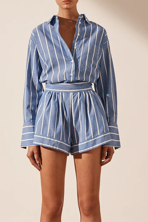 Karleedress Striped Long Sleeves Curve Hem Shirt and High Rise Shorts Set