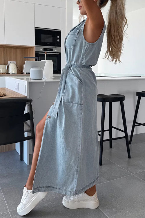 Karleedress Sleeveless Button Down Tie Waist Pocketed Denim Midi Dress