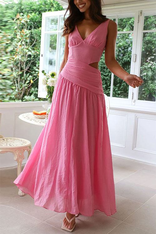 Karleedress V Neck Sleeveless Cut Out Swing Maxi Dress