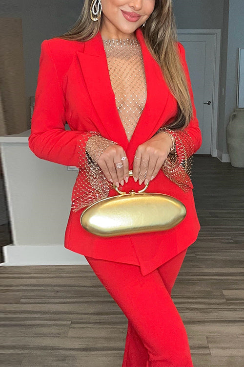 Karleedress One Button Pocketed Blazer and Straight Leg Pants Power Suit Set