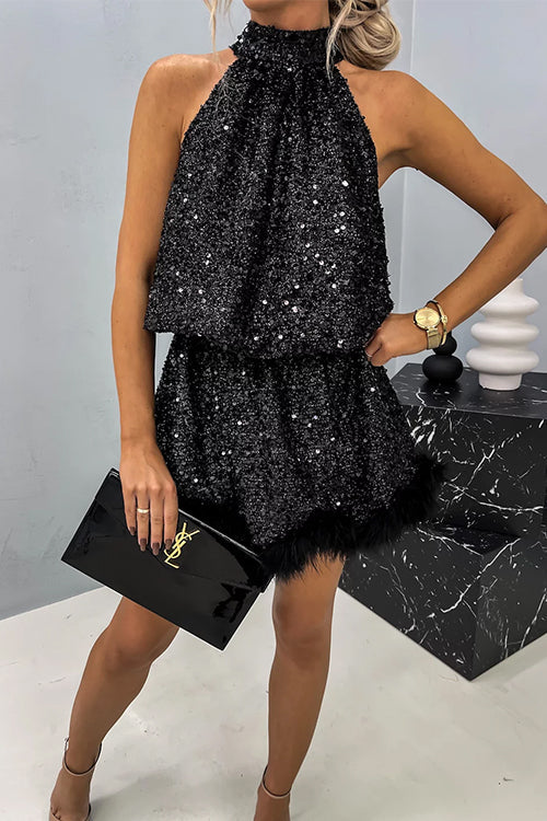 Karleedress Halter Sleeveless Feather Hem Sequin Dress