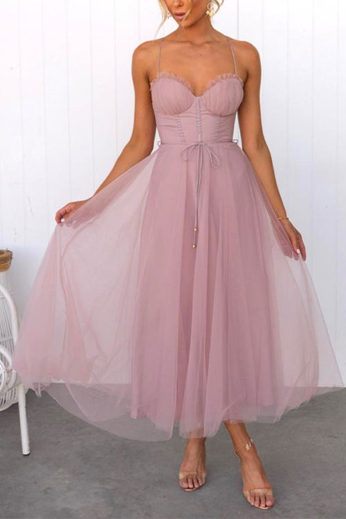 Karleedress Backless Tie Waist Mesh Swing Maxi Cami Dress