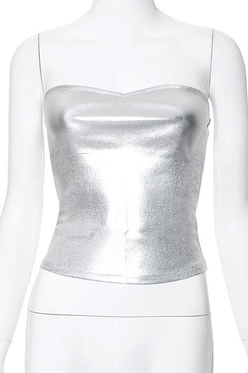 Karleedress Strapless Metallic Crop Tube Top