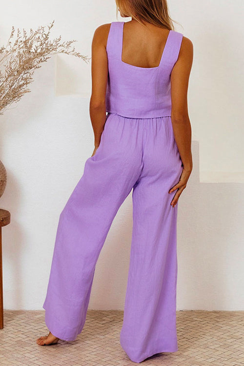 Karleedress Square Collar Crop Tank Top Tie Waist Wide Leg Pants Cotton Linen Set