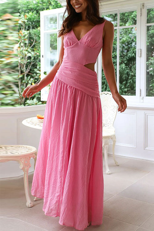 Karleedress V Neck Sleeveless Cut Out Swing Maxi Dress
