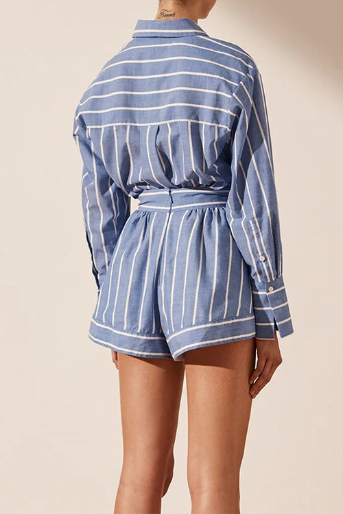 Karleedress Striped Long Sleeves Curve Hem Shirt and High Rise Shorts Set