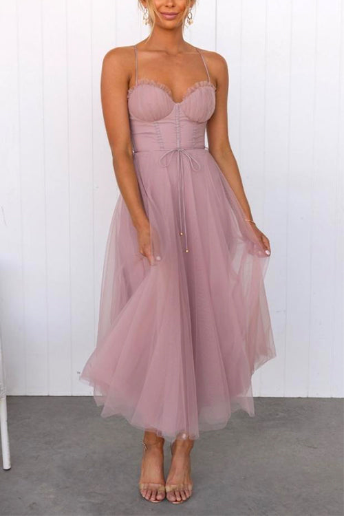 Karleedress Backless Tie Waist Mesh Swing Maxi Cami Dress