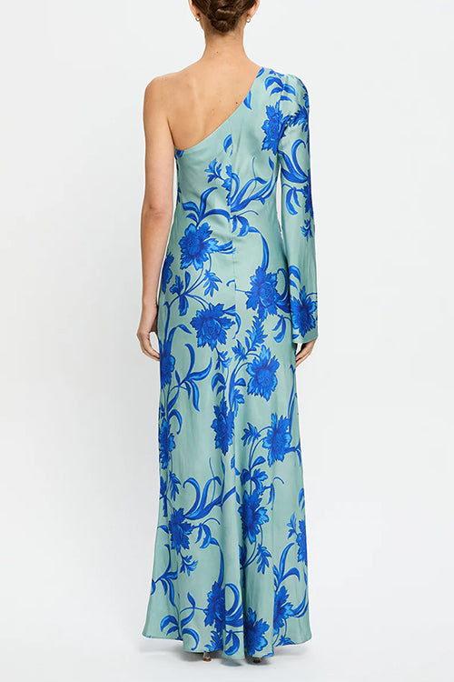 One Shoulder Long Sleeve Floral Print Maxi Dress