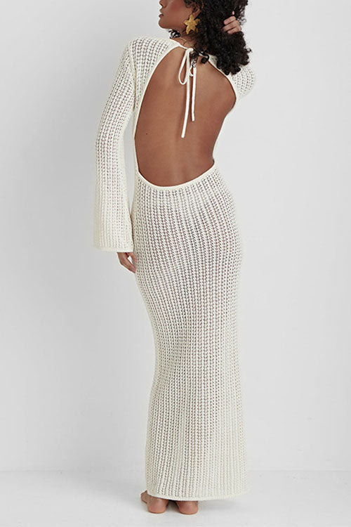 Karleedress V Neck Long Sleeves Backless Crochet Hollow Out Knit Maxi Dress