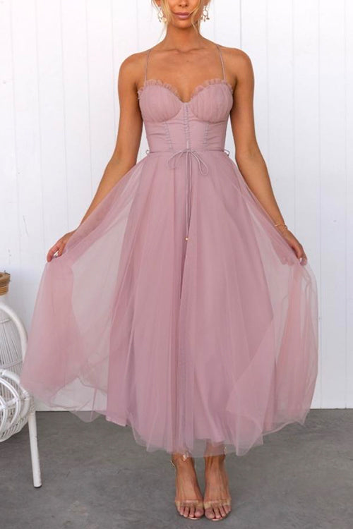 Karleedress Backless Tie Waist Mesh Swing Maxi Cami Dress