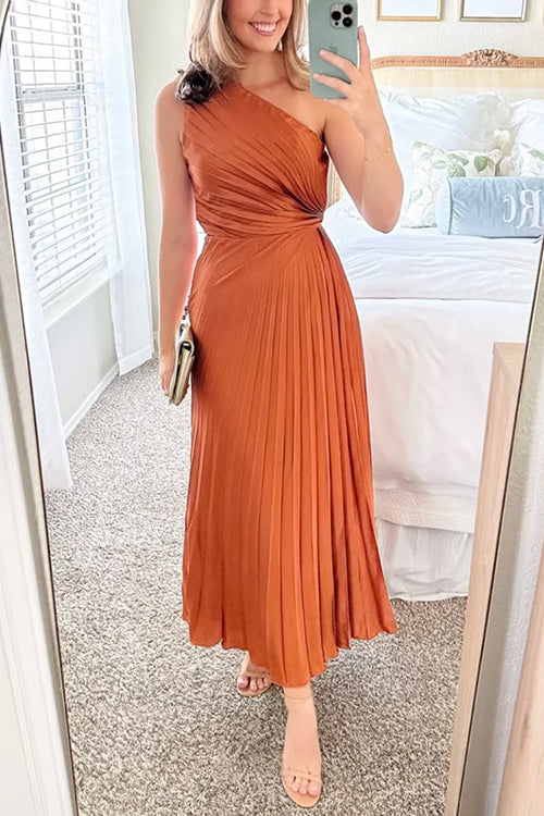 One Shoulder Sleeveless Pleated Satin Maxi Dress