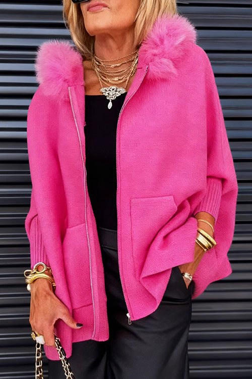 Karleedress Dolman Sleeves Zipper Up Pocketed Jacket with Faux Fur Hood