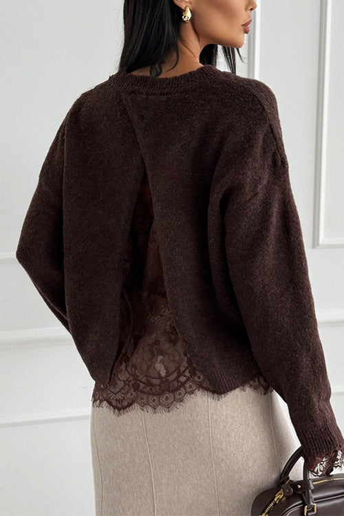 Crewneck Back Slit Lace Patchwork Sweater