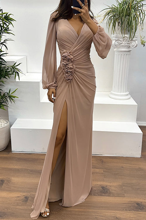 V Neck Long Sleeves Rose Detail Ruched Slit Maxi Dress