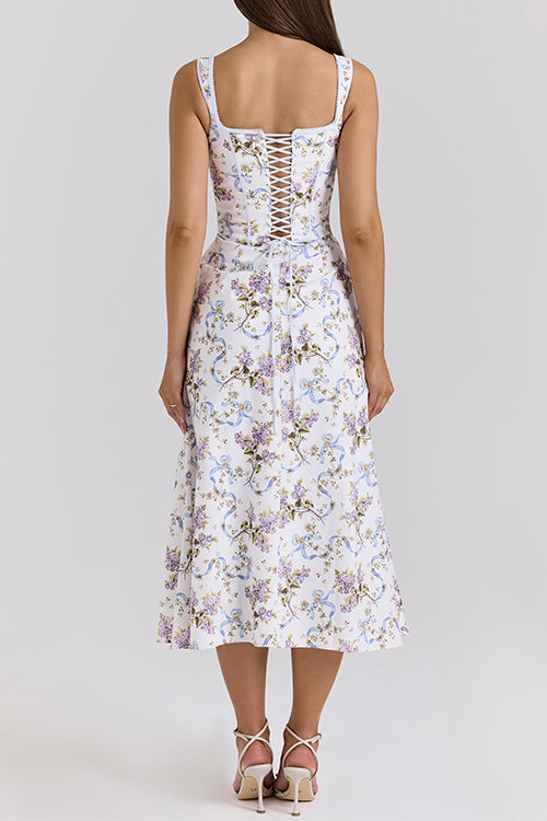 Karleedress Bow Shoulder Back Lace-up Floral Print Midi Cami Dress