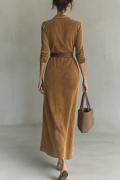 Karleedress Long Sleeves Button Up Faux Suede Belted Maxi Dress