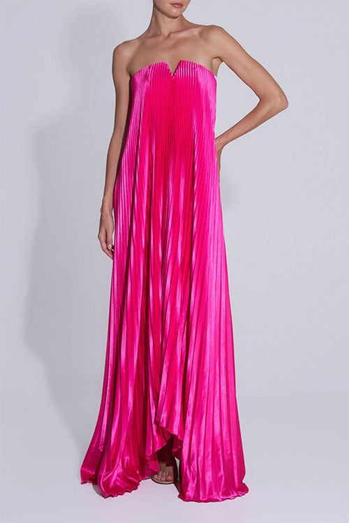 Strapless V Neck Pleated Maxi Party Dress