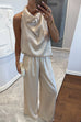 Cowl Neck Sleeveless Top and Elastic Waist Wide Leg Pants Satin Set