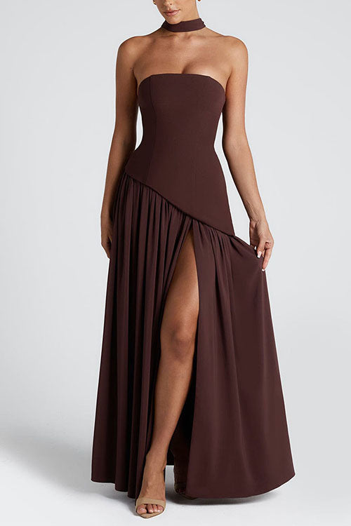 Karleedress Strapless Back Lace-up High Slit Splice Maxi Dress
