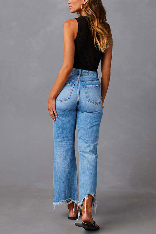 Karleedress Raw Hem Ripped Flare Bottoms Denim Pants