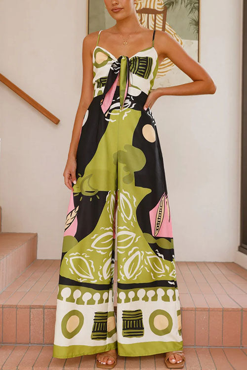 Karleedress Tie Front Cut Out Wide Leg Printed Cami Jumpsuit