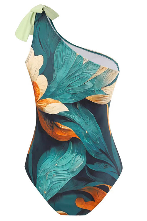 Karleedress Bow One Shoulder One-piece Swimsuit Ruffle Cover Up Skirt Printed Set