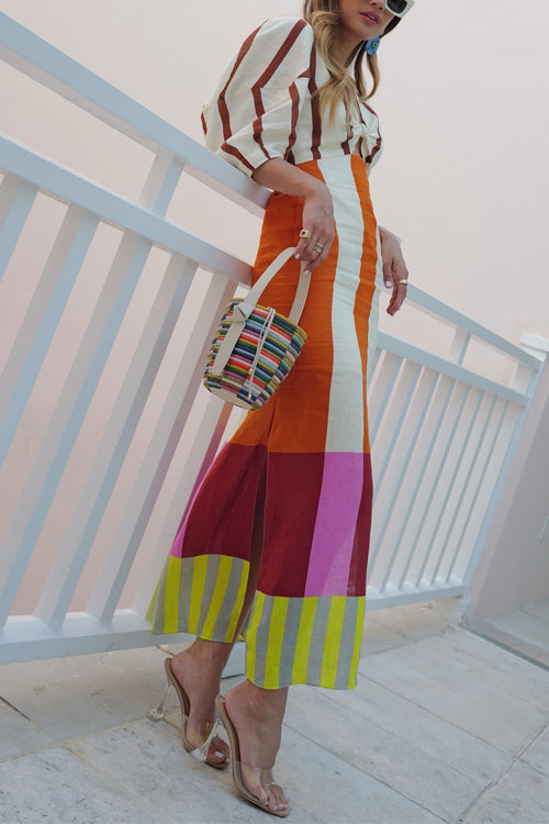 Karleedress Knot Front Cut Out Puff Sleeves Side Slit Printed Midi Dress