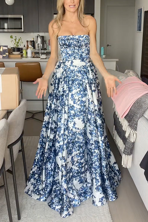 Karleedress Strapless Back Lace-up Print Maxi Party Dress