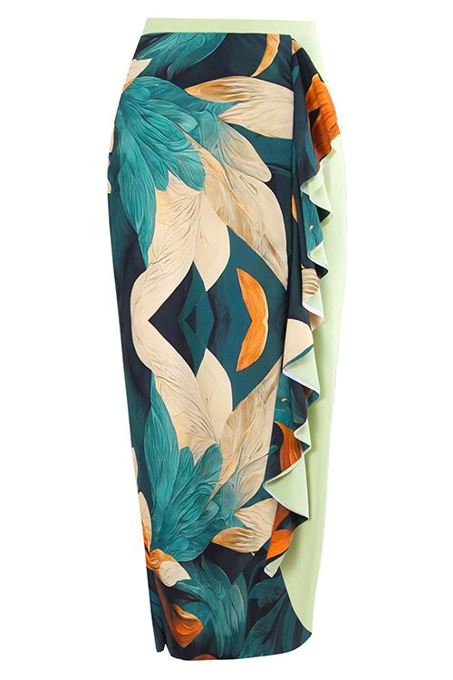 Karleedress Bow One Shoulder One-piece Swimsuit Ruffle Cover Up Skirt Printed Set