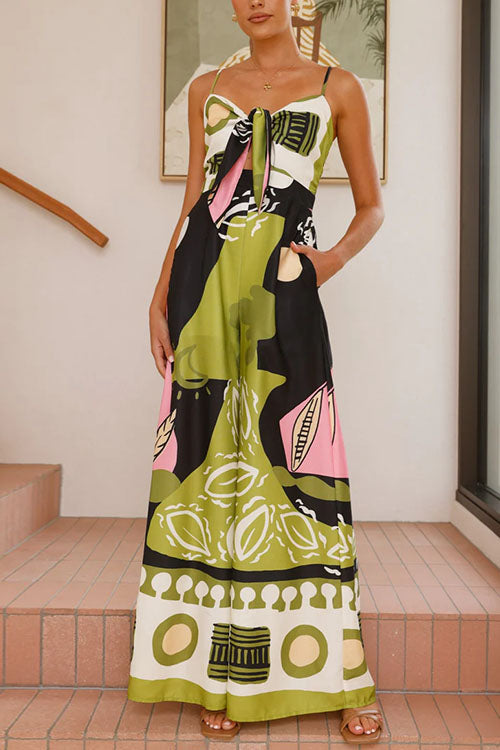 Karleedress Tie Front Cut Out Wide Leg Printed Cami Jumpsuit