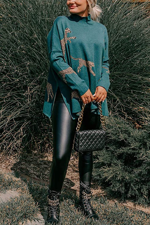Karleedress High Neck Side Slit Cheetah Pattern Sweater