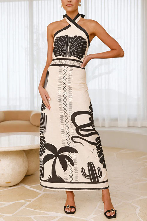 Karleedress Palm Canyon Print Criss Cross Halter Maxi Dress